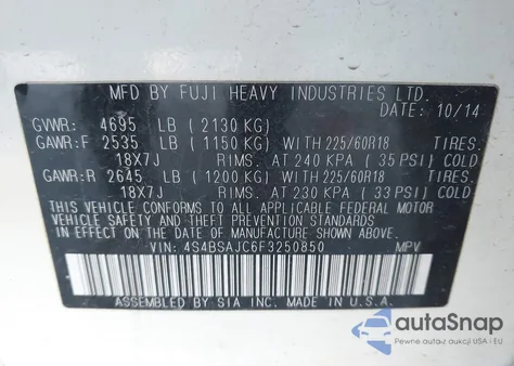 2015 Subaru Outback 2.5I Limited from USA, damaged, VIN 4S4BSAJC6F3250850